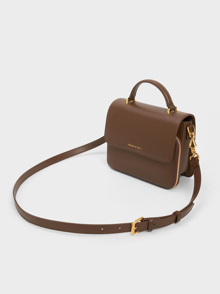 Front Flap Top Handle Bag, Dark Brown, hi-res