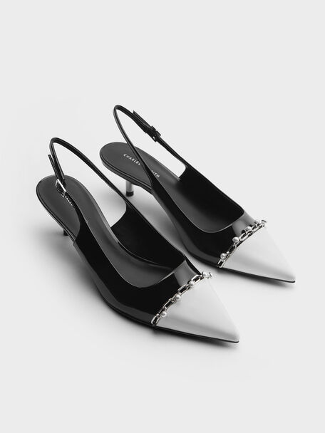 Patent Pearl Chain-Link Slingback Pumps, Black Patent, hi-res