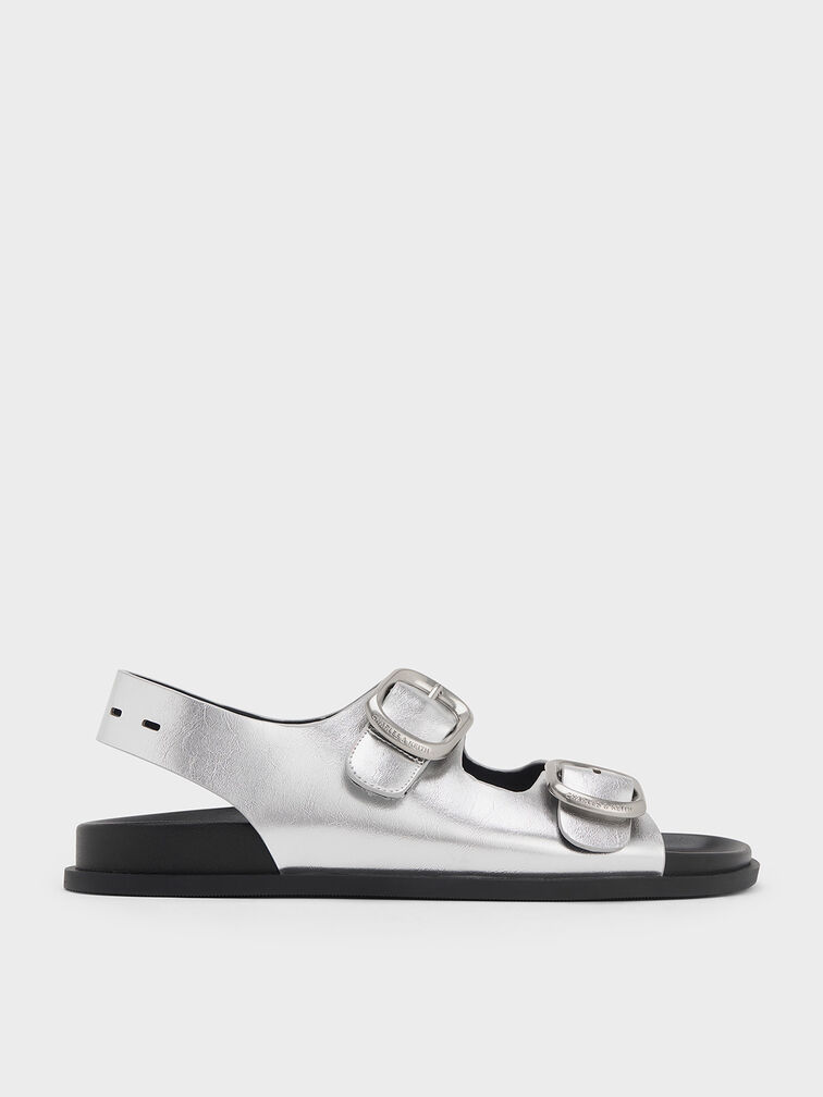 Metallic Buckled Double-Strap Slingback Sandals, Silver, hi-res