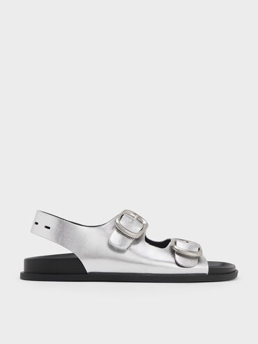 Metallic Buckled Double-Strap Slingback Sandals, Silver, hi-res