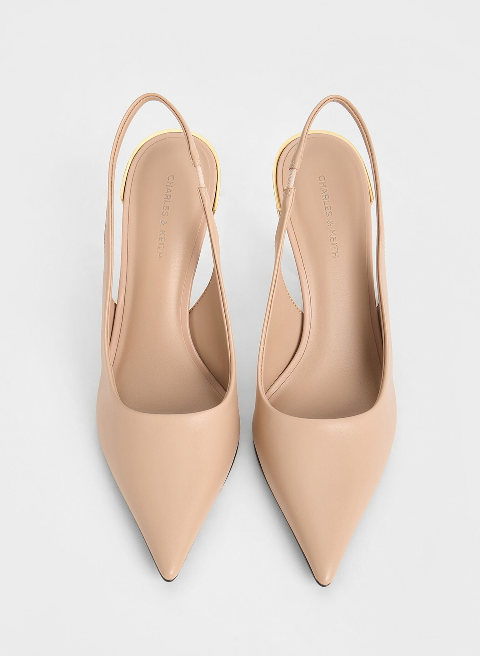 Metallic-Heel Pointed-Toe Slingback Pumps, Nude, hi-res
