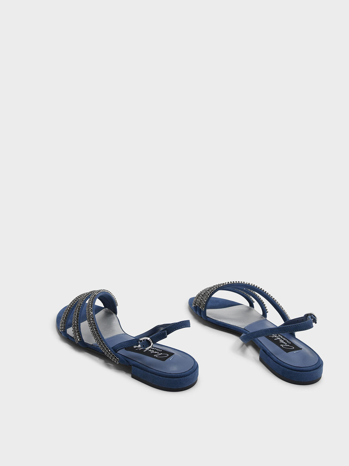 Embellished Suede Slingback Sandals, Blue, hi-res
