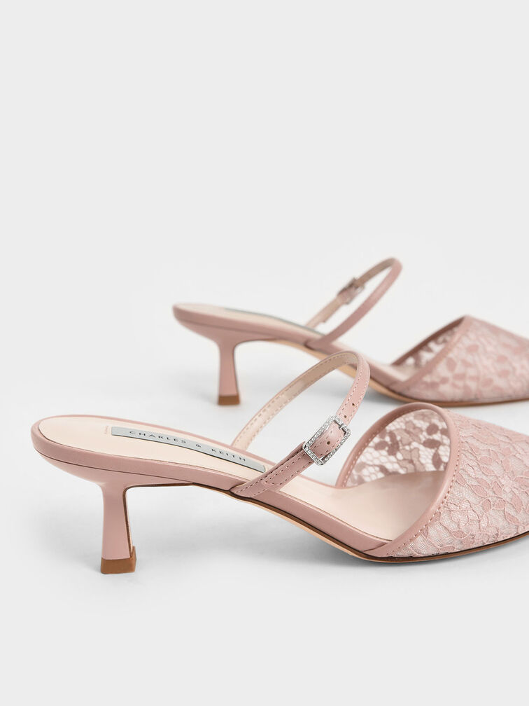 Lace & Mesh Embellished-Buckle Mules, Pink, hi-res