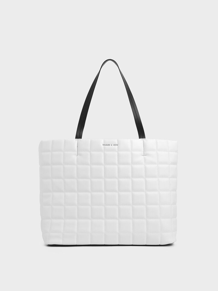 Two-Tone Quilted Large Tote Bag, White, hi-res