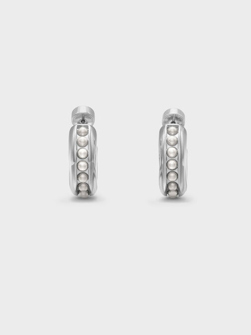 Pearl Open-Hoop Earrings, Silver, hi-res