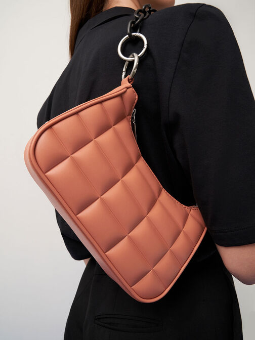 Maze Quilted Chain Shoulder Bag, Naranja, hi-res