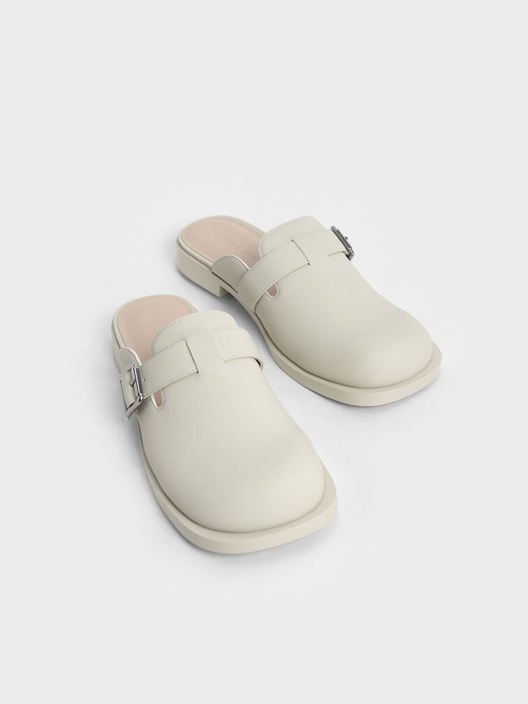 Buckled Round-Toe Loafer Mules, Chalk, hi-res