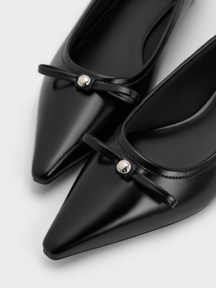 Bow Metallic-Accent Pointed-Toe Ballet Flats, Black, hi-res
