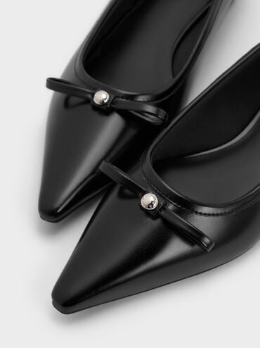 Bow Metallic-Accent Pointed-Toe Ballet Flats, Black, hi-res