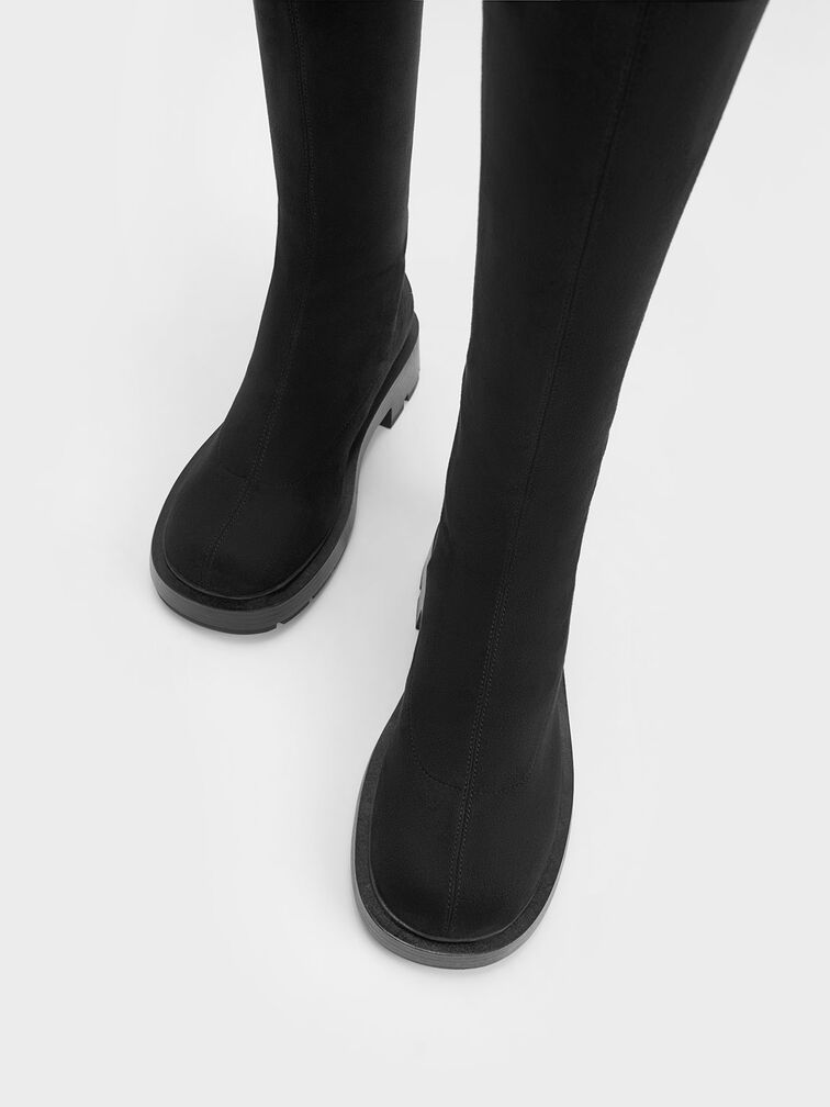 Block Heel Textured Knee-High Boots, Black Textured, hi-res