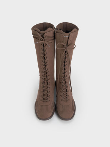 Minette Lace-Up Knee-High Sneaker-Boots, Dark Brown Textured, hi-res