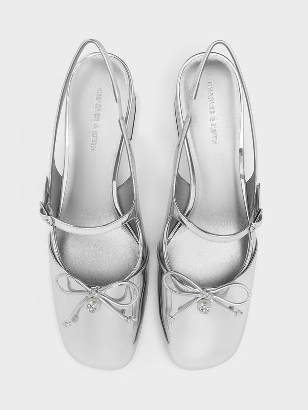 Metallic Crystal-Pearl Mary Jane Slingback Pumps, Silver, hi-res