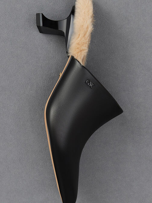 Leather Fur-Trim Sculptural-Heel Mules, Black, hi-res