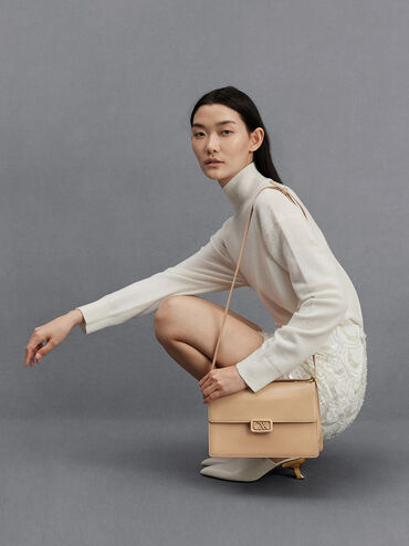 Leather Shoulder Bag, Nude, hi-res