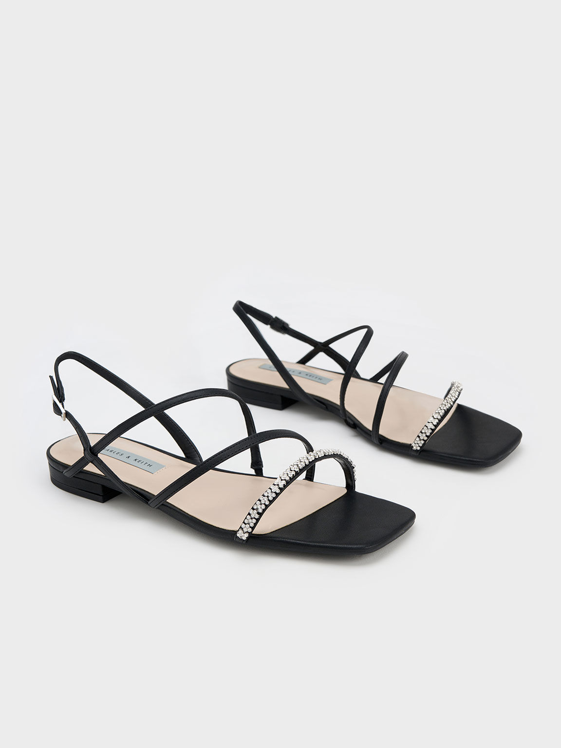 Gem-Encrusted Strappy Slingback Sandals, Black, hi-res