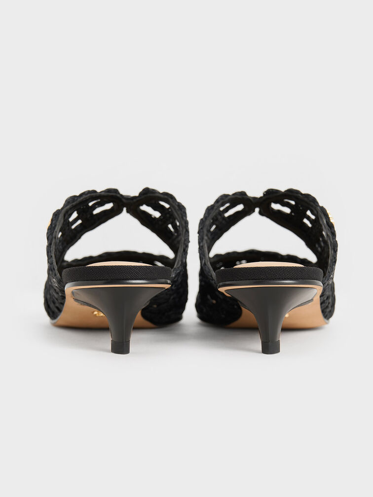 Raffia Kitten-Heel Pointed-Toe Mules, Black Textured, hi-res
