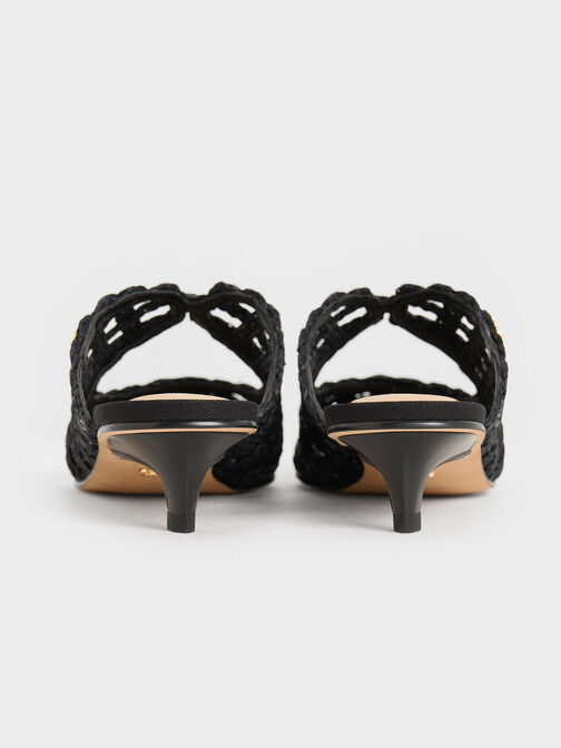 Raffia Kitten-Heel Pointed-Toe Mules, Black Textured, hi-res