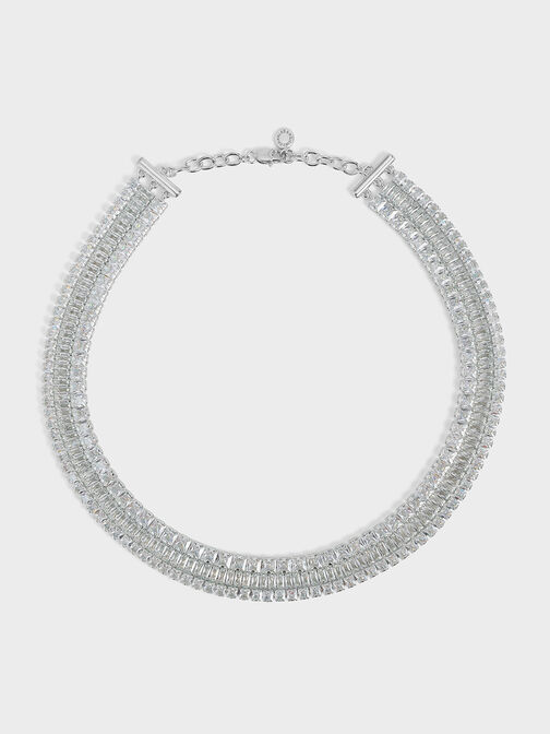 Crystal Triple-Row Tennis Necklace, Silver, hi-res