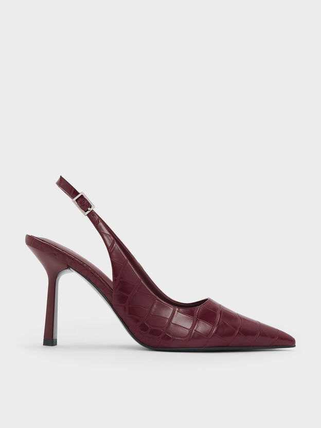 Croc-Effect Pointed Slingback Pumps, Animal Print Burgundy, hi-res