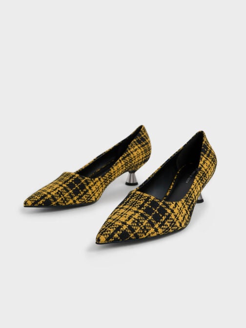 Checkered Spool Heel Pumps, Yellow, hi-res