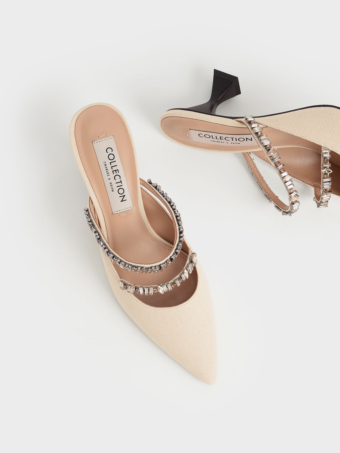 Canvas Double Gem Strap Mules, Beige, hi-res