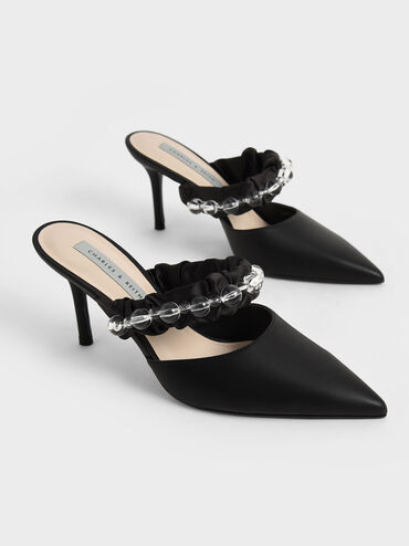 Ruched Satin Strap Mules, Black, hi-res