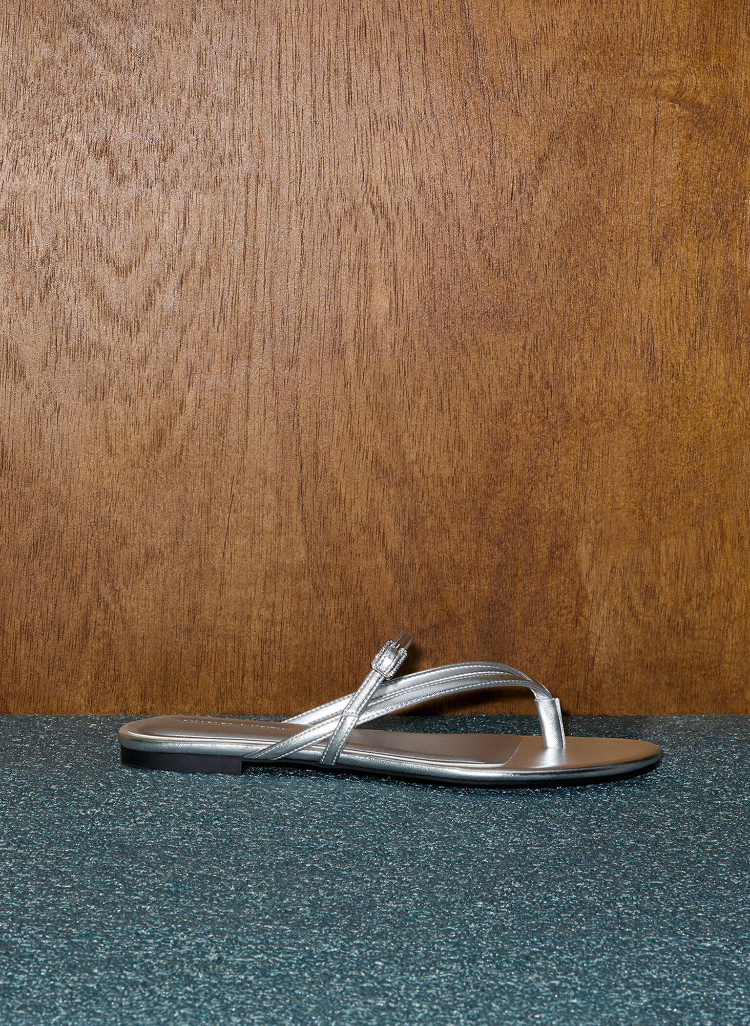 Metallic Crystal-Buckle Strappy Thong Sandals, Silver, hi-res