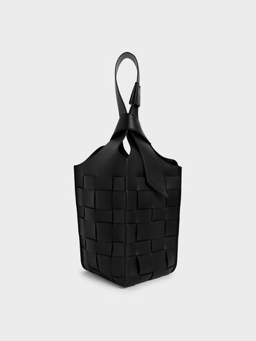 Woven Single Handle Bucket Bag, Black, hi-res