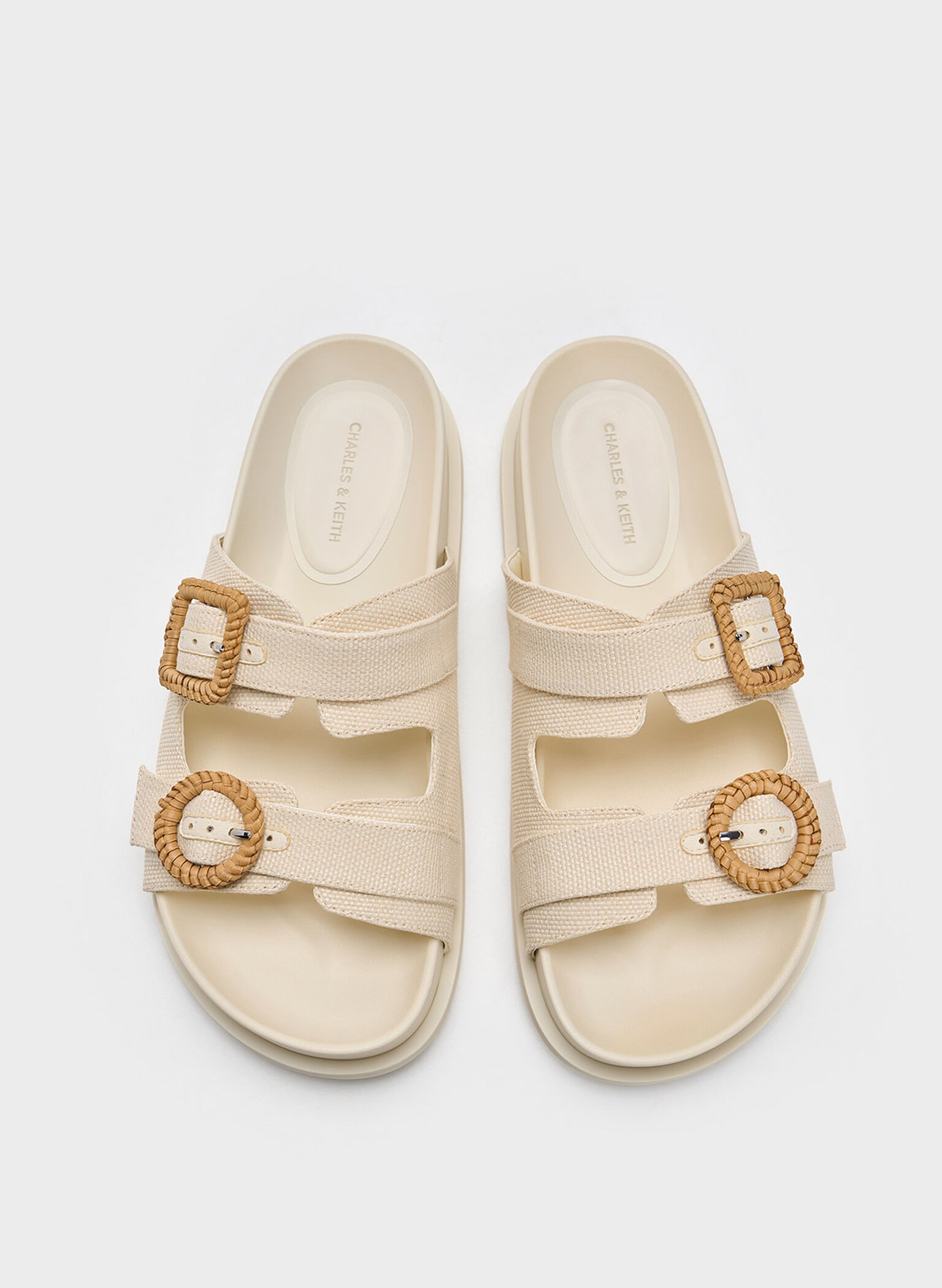 Woven-Buckle Double-Strap Sandals, Chalk, hi-res