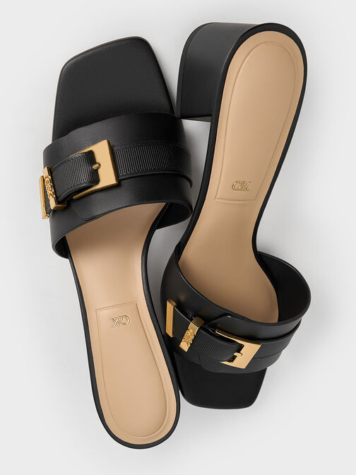 Leather Buckled Block-Heel Mules, Black, hi-res