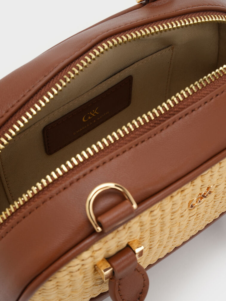 Leather & Raffia Bowling Bag, Rafia neutral, hi-res