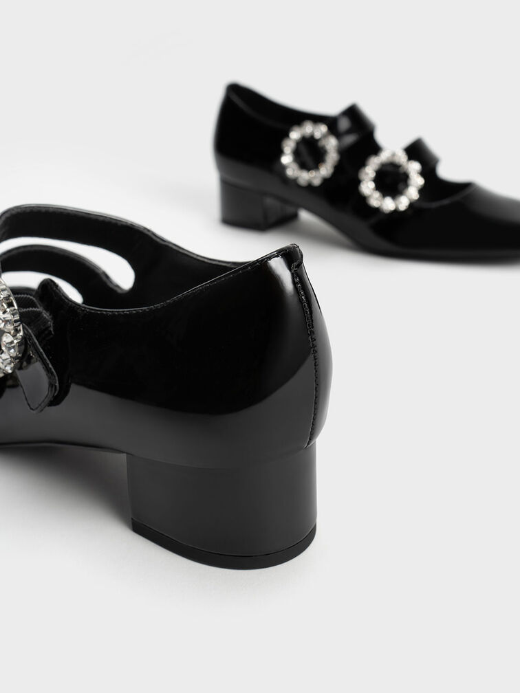 Embellished Buckle Patent Mary Janes, Black, hi-res