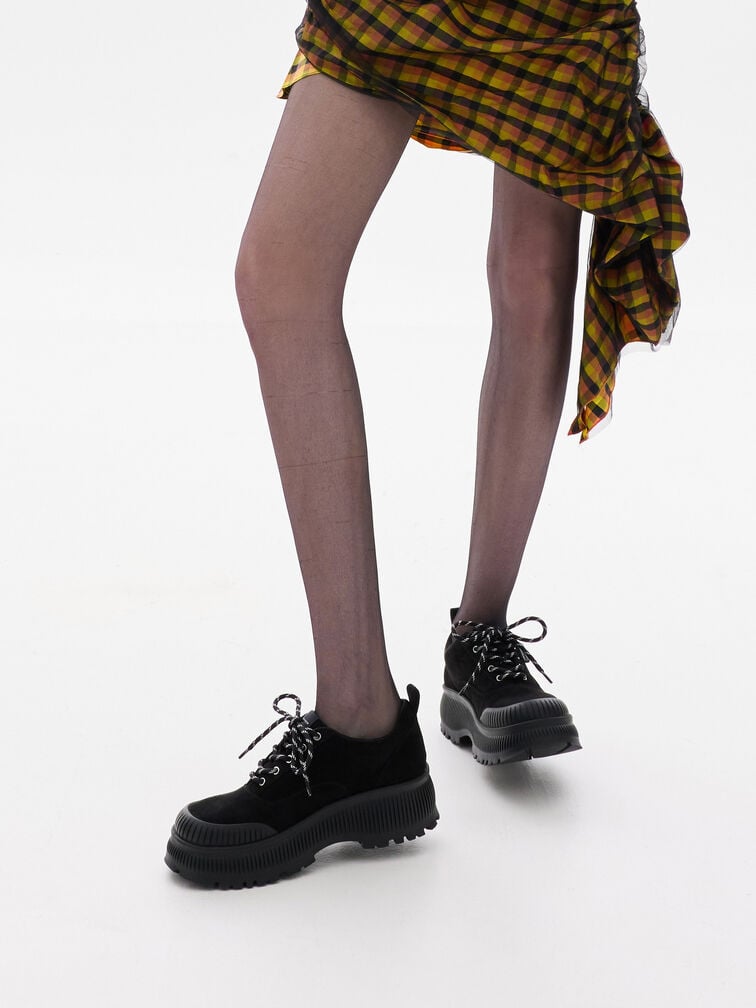Zapatillas de antelina con plataforma y suela estriada Darra, Negro texturizado, hi-res