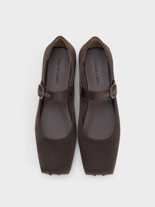 Satin Buckled Square-Toe Mary Jane Flats, Dark Brown Textured, hi-res