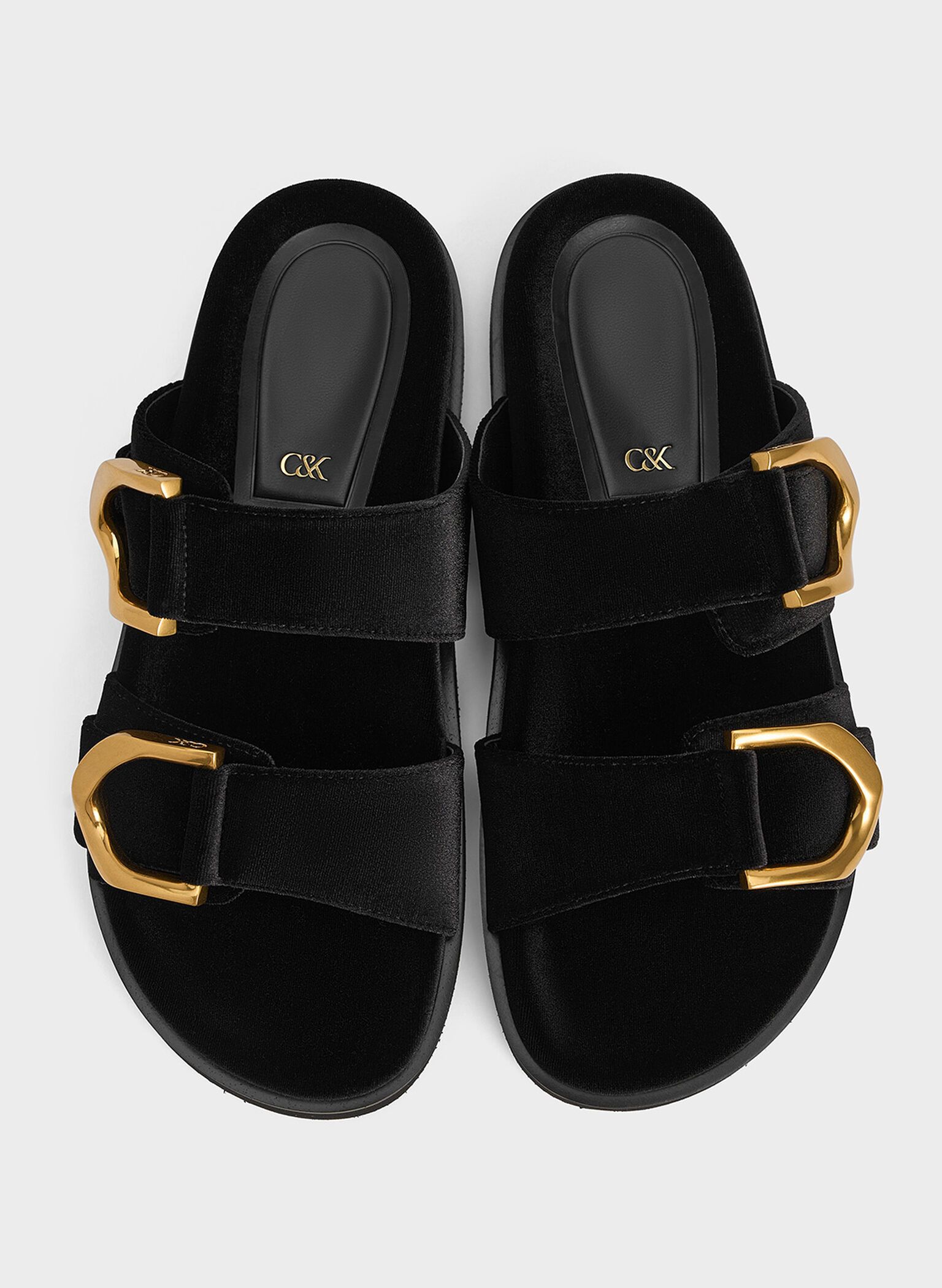 Gabine Velvet Buckle Sandals, Black Textured, hi-res