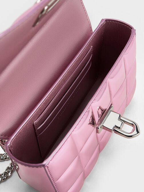 Metallic Square-Quilted Chain-Handle Bag, Pink, hi-res
