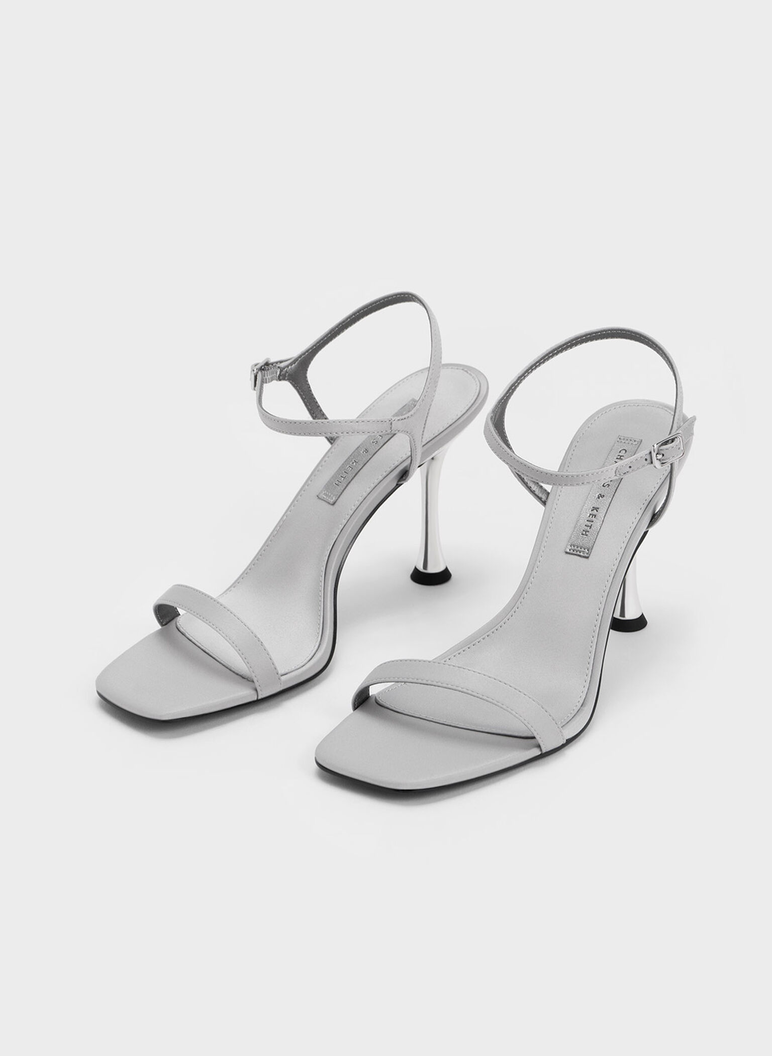 Spool Heel Satin Sandals, Grey, hi-res