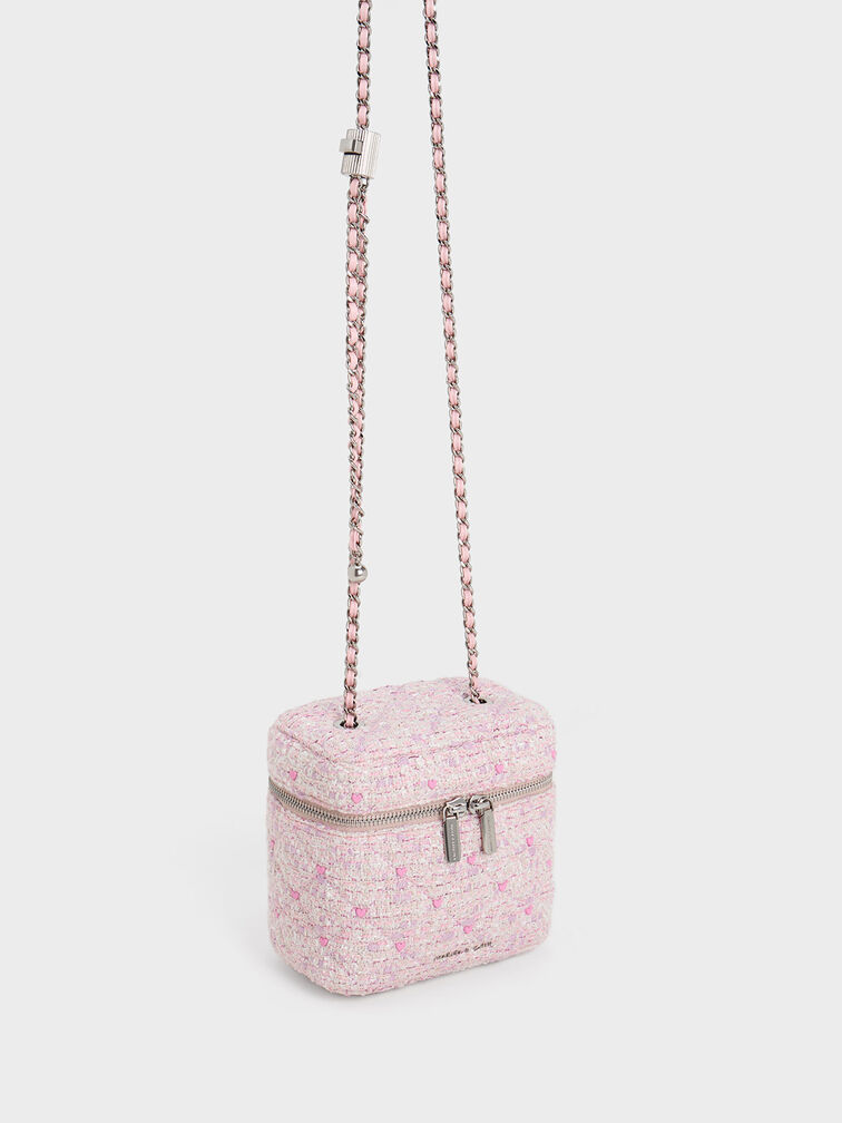 Nezu Tweed Quilted Heart-Print Bag, Pink, hi-res
