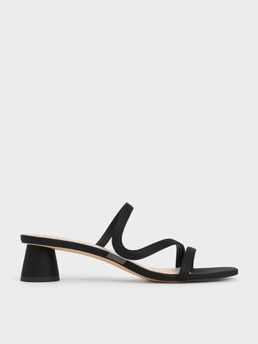 Satin Wavy Strap Mules, Black, hi-res