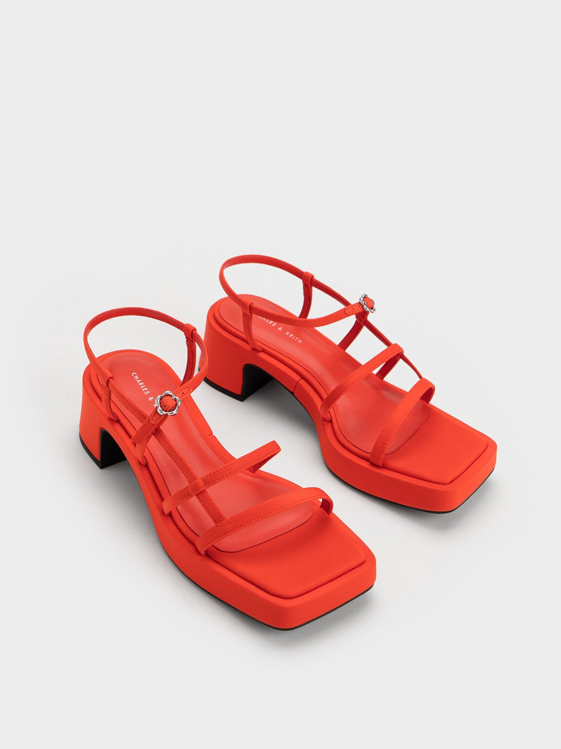 Flower-Buckle Strappy Sandals, Red, hi-res
