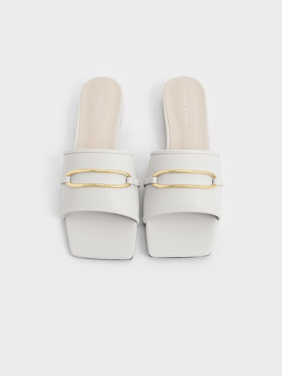 Metallic Accent Square-Toe Slide Sandals, White, hi-res