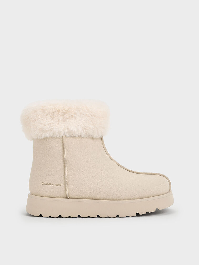 Girls' Faux Suede Fur-Trim Ankle Boots, Beige, hi-res