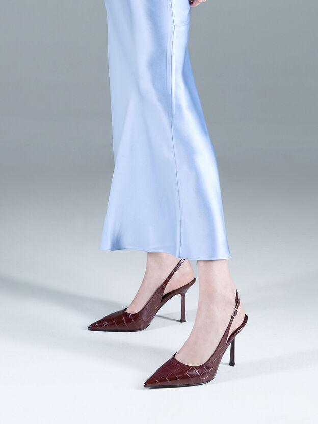 Croc-Effect Pointed Slingback Pumps, Animal Print Burgundy, hi-res