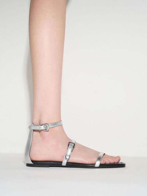 Square-Toe Buckled Triple-Strap Sandals, Silver, hi-res