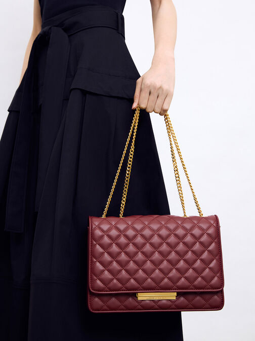 Push-Lock Quilted Crossbody Bag, Burgundy, hi-res