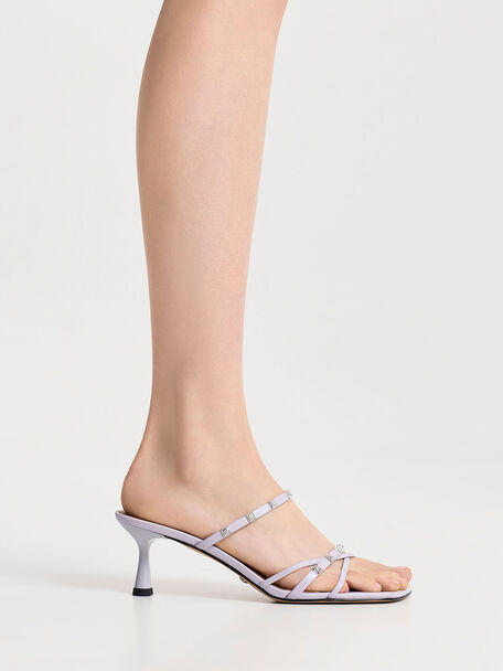 Square Crystal-Embellished Metallic Leather Heeled Mules, Lilac, hi-res