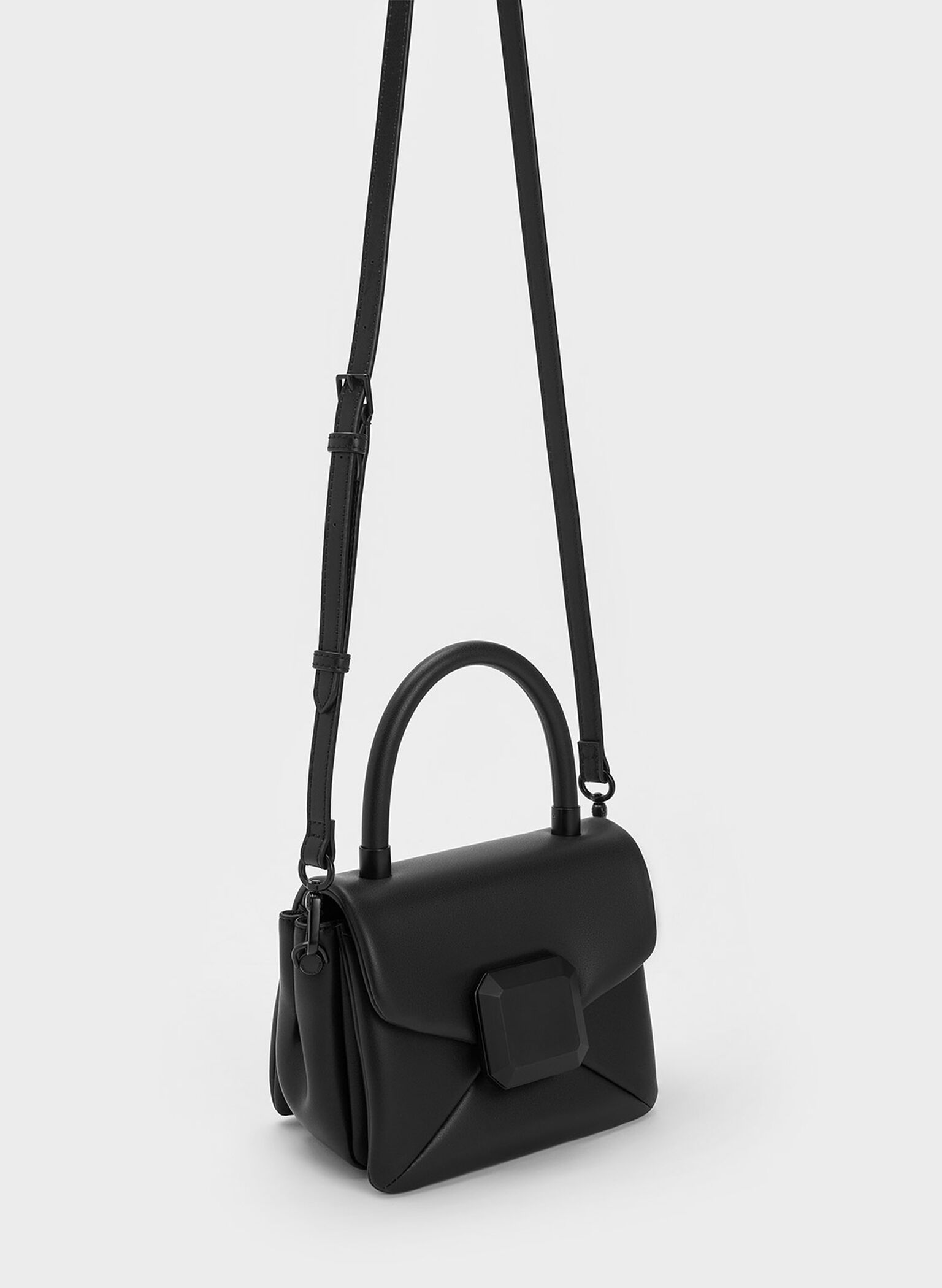 Black Geometric Push-Lock Top Handle Bag - CHARLES & KEITH SG
