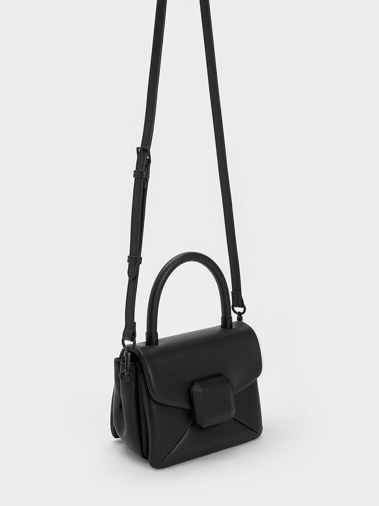 Geometric Push-Lock Top Handle Bag, Black, hi-res