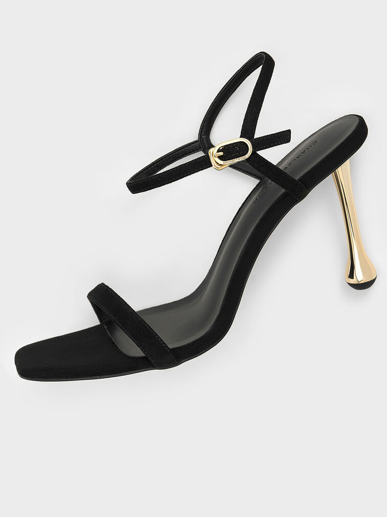 Faux Suede Sculptural-Heel Ankle-Strap Sandals, Black Textured, hi-res