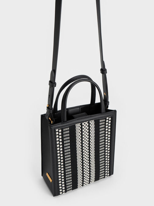 Woven Double Handle Tote Bag, Black, hi-res
